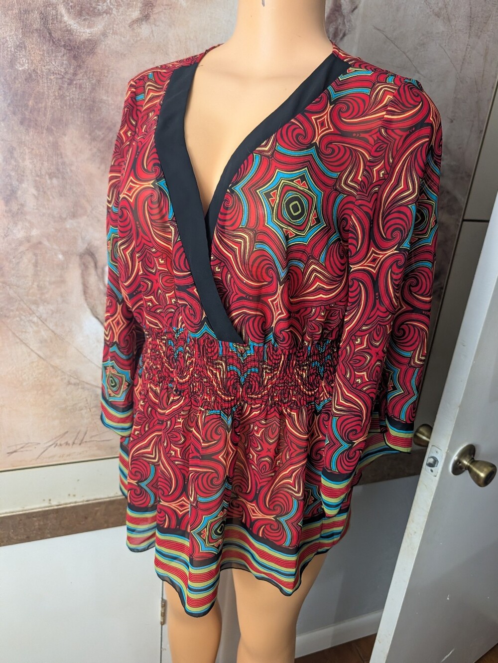 Y2K Bisou Bisou by Michele Bohbot Sheer Psychedelic Wrap Tunic Blouse Top Size L